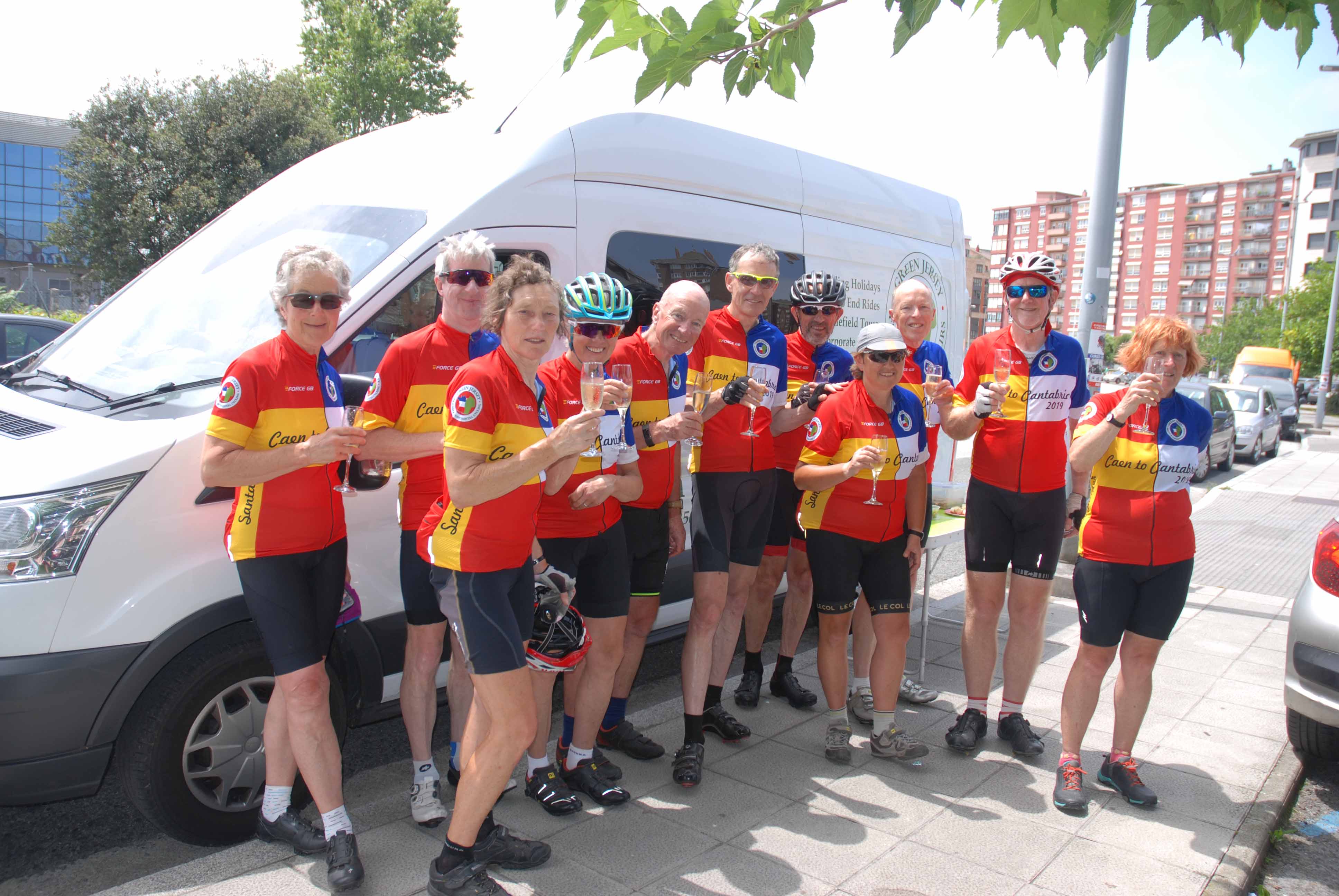 Arrival in Santander having ridden from Ousitreham in Normandy. Time for a celebration!